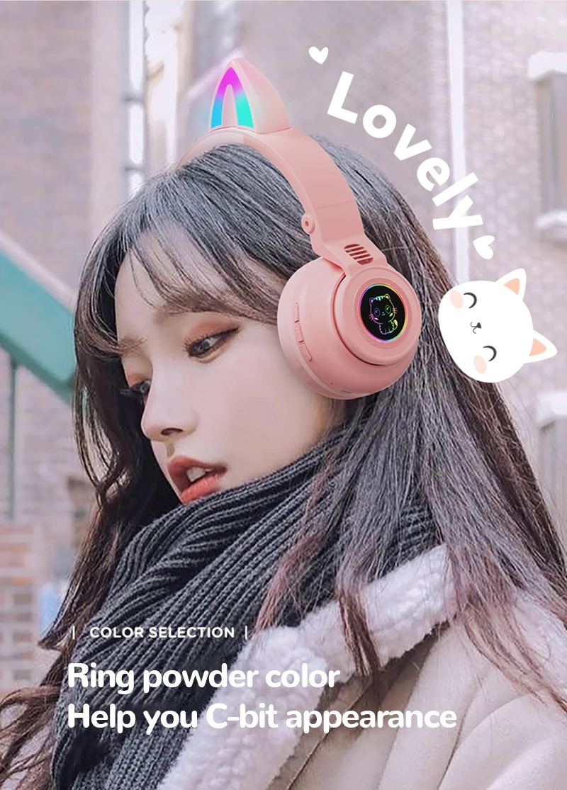 Cute RGB Kitten wireless Headsets Bluetooth 5.0 Bass Noise Cancellation Adult Child Girl Headset Support TF Card Helmet with Mic