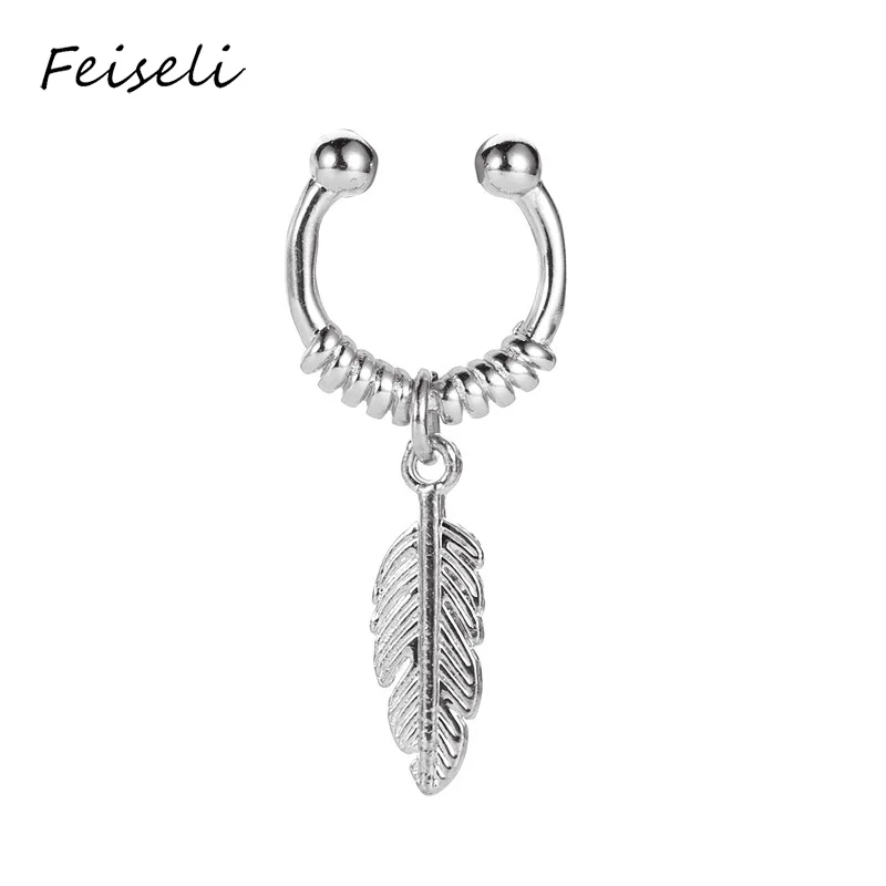 Feiseli, 1 шт., новинка, не пирсинг, перья, медные клипсы, серьги для женщин и мужчин, персонализированные металлические серьги, украшения для ушей, подарок - Окраска металла: 2