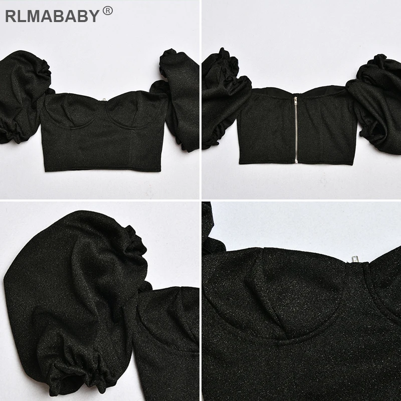 RLMABABY, новинка, квадратный воротник, рукав-фонарик, сексуальный укороченный топ, блестящие оборки, короткий рукав, базовая Женская майка, топ, повседневные Черные женские топы