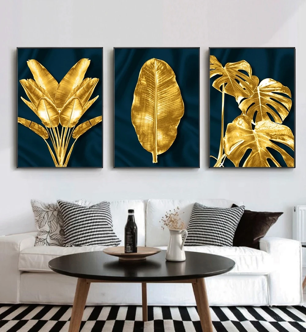Luxury Wall Art Gold and Green Leaves Canvas Painting Nordic Modern