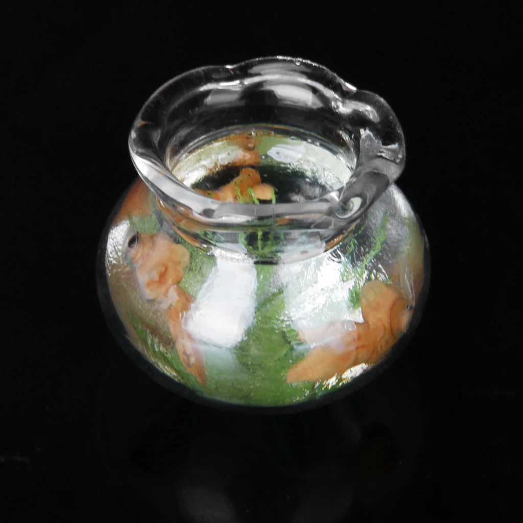 MIni Fish Bowl Tank W/ Water Gold Fish Plants 1/12 Dollhouse Pets Table Decor Miniature Mini Goldfish Fish Aquarium