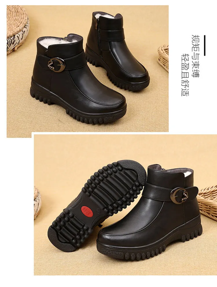 New Women Genuine Leather Boots High Heels Platform Ankle Boots Ladies Buckle Shoes Woman Warm Waterproof Round Top Shoe g675