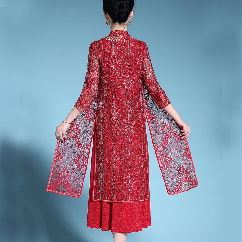 Весенне-осеннее винтажное китайское женское кружевное платье Qipao с воротником-стойкой, с блестками, 5xl красное блестящее платье чонсам, комплект для женщин