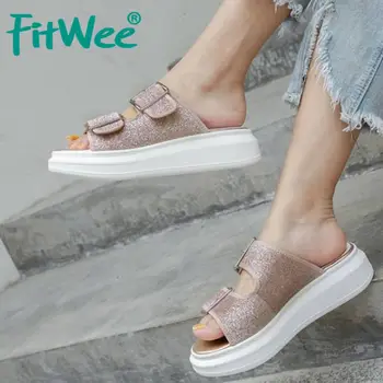 

FITWEE Fashion Women Sandals Shoes Bling Material Slippers Ladies' Metal Buckle Shoes Women Slip On Casual Footwear Size 34-39