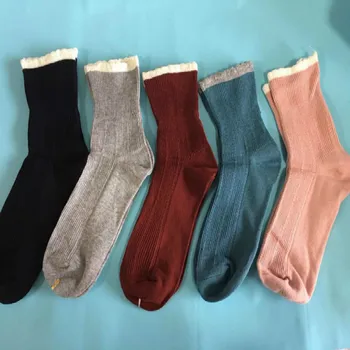 

Autumn Winter Cotton Socks Lace Sock Pure Color High Quality Ladies Socks Wholesale 5pair/lot