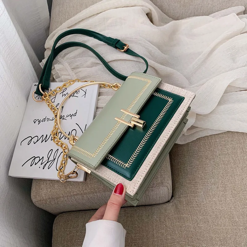 

New Contrast Color Pu Leather Crossbody Bags For Women 2020 Chain Simple Shoulder Bag With Metal Handle Lady Tote Handbags