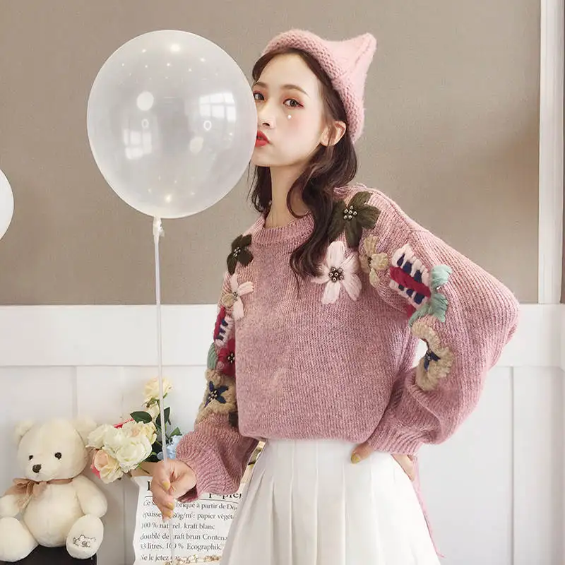 pink sweaters Пуловер с вышитыми цветами, женский свитер, осенне-зимний корейский свитер, модный вязаный свитер размера плюс, Женский пуловер C5979 - Цвет: pink sweaters