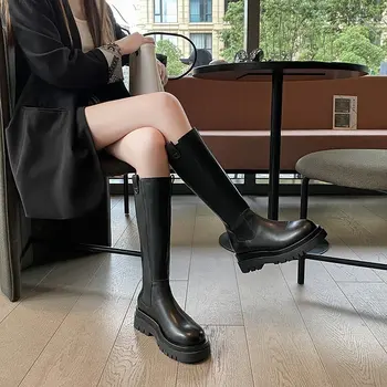 Botas de plataforma hasta la rodilla para Mujer, zapatos gruesos de caballero negro, Botas de suela gruesa Botas Largas invierno, 2020