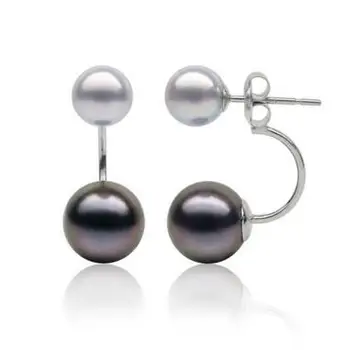 

>>>>noble jewelry 6.5-10mm Round Real Akoya Pearl Tahitian Pearl earring Earrings 14K White Gold