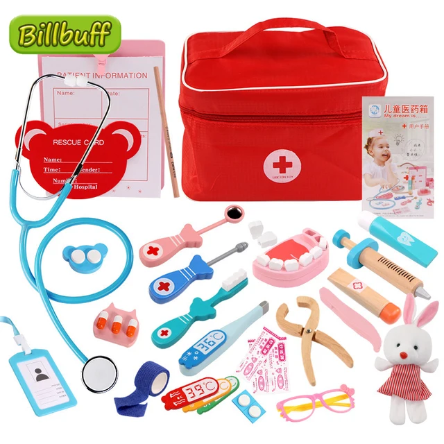 Hot Doctor Toys for Children Sets Kids Wooden Pretend Play Kit Games for Girls Boys Red Medical Dentist Medicine Box Cloth Bags 1