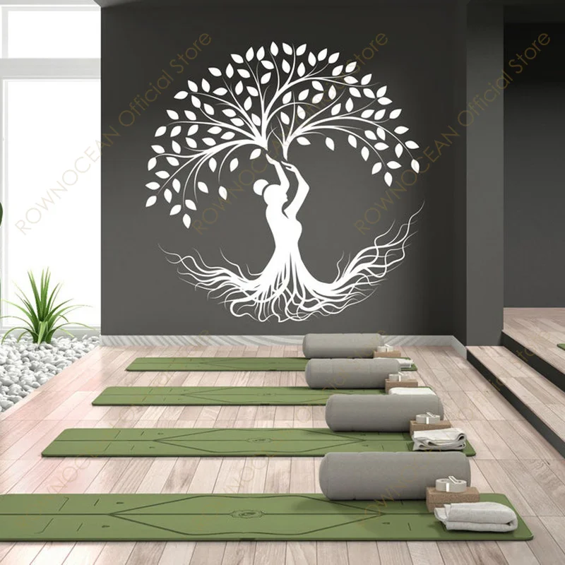 Wall Vinyl Decal Home Decor Art Sticker Silhouette Yoga Tree Pose Girl Woman Exercise Meditation Relax Fitness Room Removable Stylish Mural Unique Design For Any Room 909 