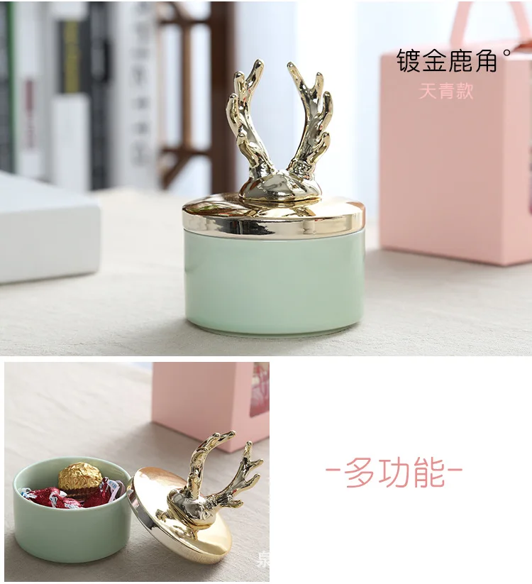 Ceramic Golden Antler Candy Storage Bottles Romantic Ring Jewelry Jar Lover Gift Wedding Decorations Bottles for Home Decor
