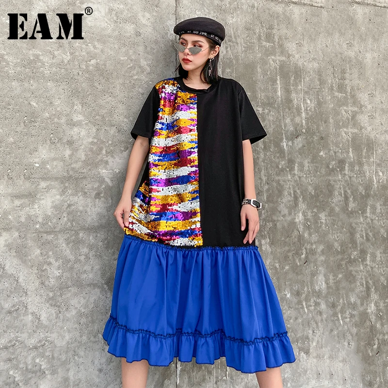 

[EAM] Women Black Sequins Ruffles Big Size Dress New Round Neck Short Sleeve Loose Fit Fashion Tide Spring Autumn 2020 1R469