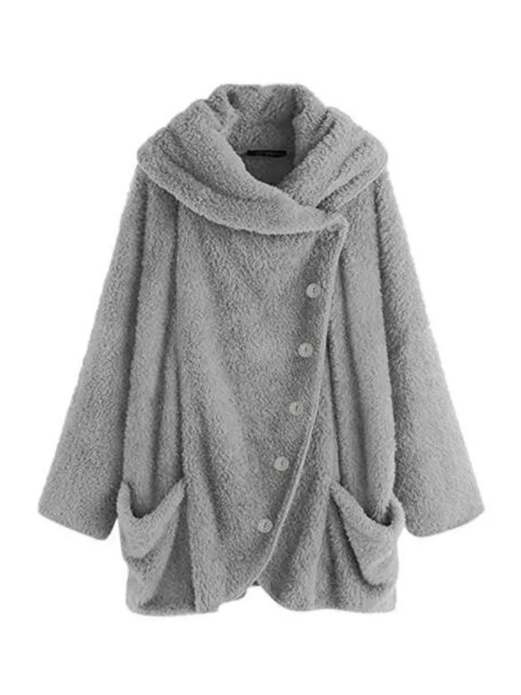 

Thick Fleece Faux Fur Coat Women 2019 Autumn Winter Warm Soft button Jacket Female Plush Overcoat Pocket Casual Veste Fourrure