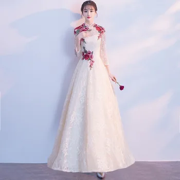 

Chinese Female Appliques Hollow Out Cheongsam Banquet Dresses 2020 New Autumn Elegant Evening Party Dress Robe De Soiree
