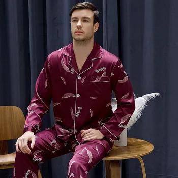 

Male 2PCS Shirt&Pants Sleep Set Satin Sleepwear Casual Kimono Bathrobe Gown Spring Summer New Intimate Lingerie Print Homewear