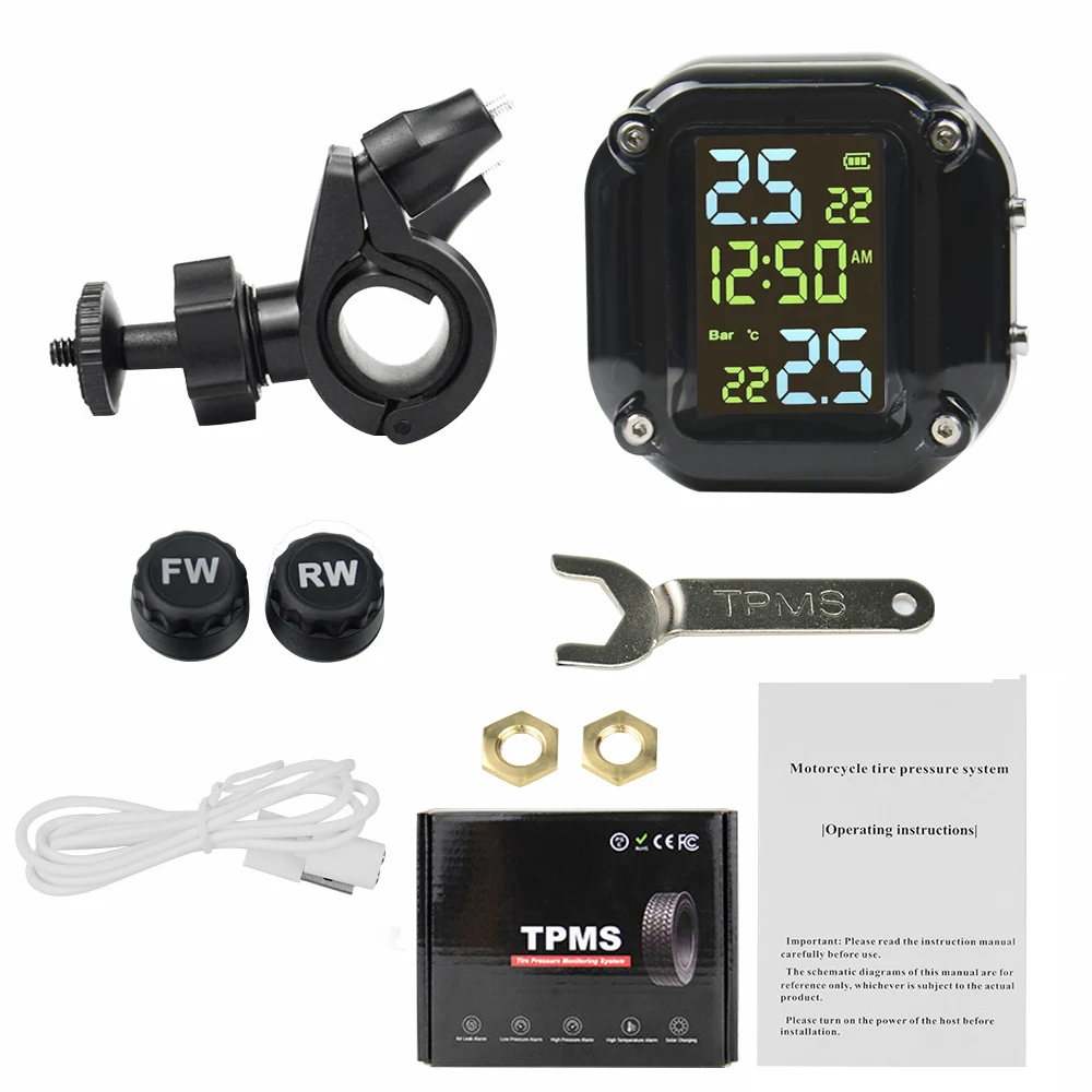 MOGOI TPMS Motorcycle Tire Pressure Monitoring System LCD Real-time Display Tyre Pressure Wireless Auto Temperature Battery Alert IPX7 Waterproof With 2 Sensors For Motorcycle 