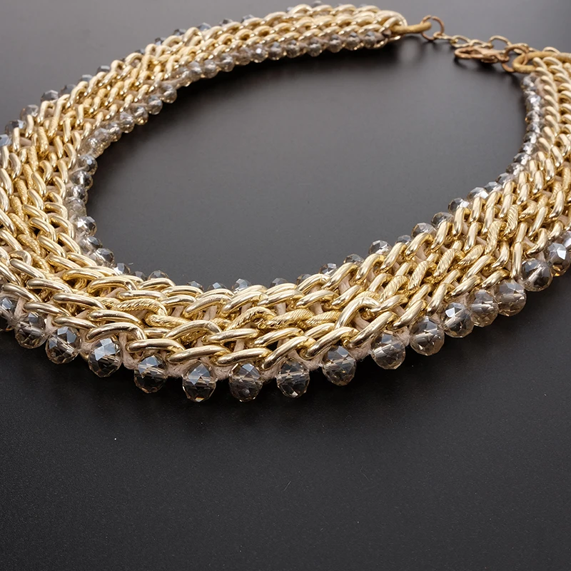 Statement Women Men Punk Trendy Gemstone Clear Glass Beads Crystal Beaded Collar Metal Chain Choker Necklace Fashion Jewelry