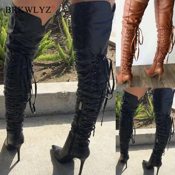

Women Fashion Over The Knee Boots High Heel Boots Thigh Boots Lace Up Long Boots Pointed Toe High Bandage Boots Women Booties