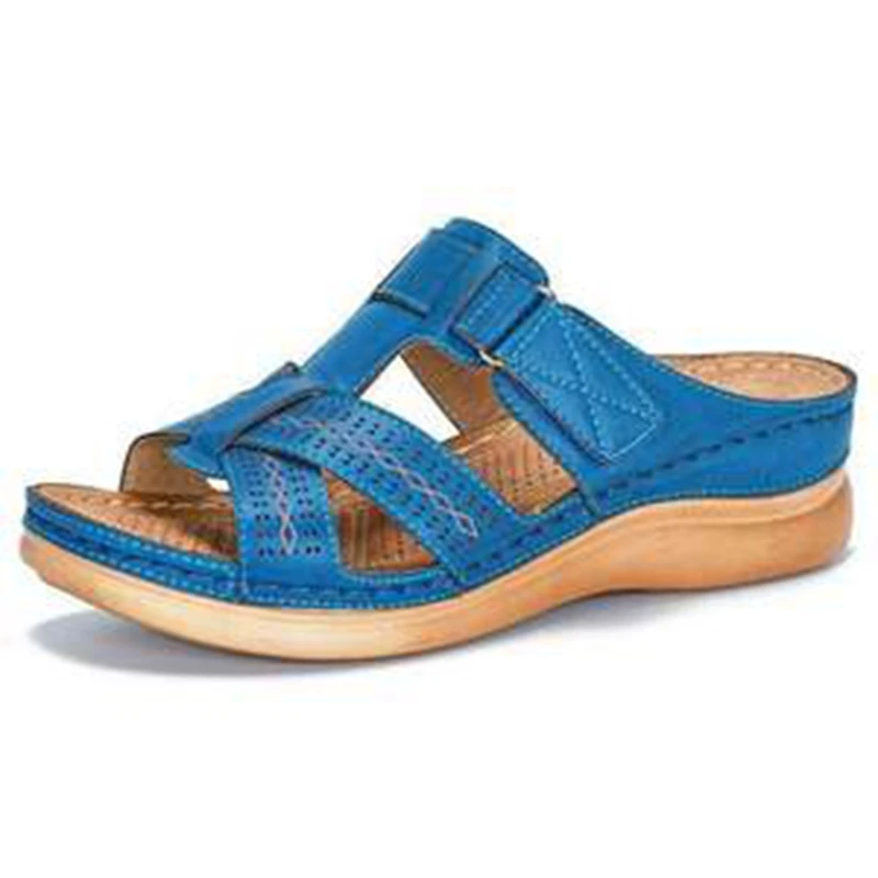 Puimentiua/летние женские шлепанцы в римском стиле; Повседневная обувь в стиле ретро; босоножки на толстой танкетке с открытым носком; женские пляжные шлёпанцы; - Цвет: Blue