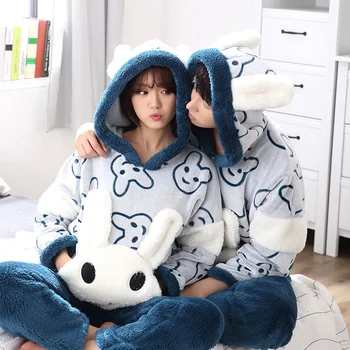 

2021 Coral Fleece Pajamas Set Couple Cartoon Pyjamas Men Women Long Sleeve Panda Lovely Girls Sleepwear Top+Pant Warm Home Suit