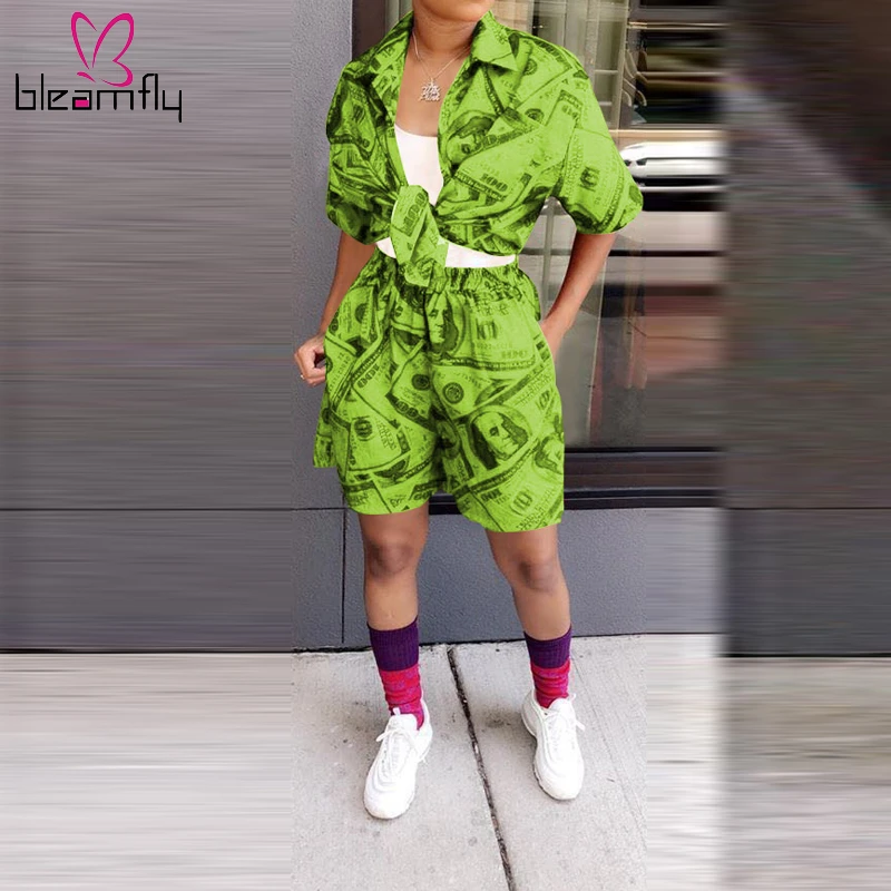 

Neon Green Dollar Printing Two Piece Short Set Turn-down Collar Short Sleeve Shirt And Shorts Sets Summer Women Casual Suits