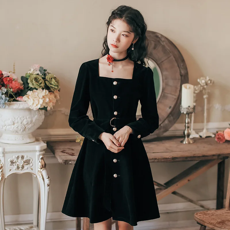 Velour Women A-line MINI Dress Soild Spring Autumn High Waist Single-breasted Belt Femme Mini Dresses Party Long Sleeve Clothes