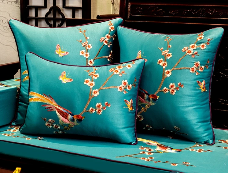 

Custom Embroidery Plum Birds Silk Brocade Cushion Pillow Cases Sofa Chair Back Cushion Lumbar Pillow Cover