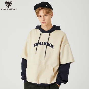 

Aolamegs Men Hoodies Patchwork Color Pullovers Soft Fake 2 Pieces Long Sleeve Sweatshirt Harajuku Cute Style Couple Streetwear