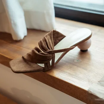 

Summer New Designer Slippers Women Mules Shoes Fashion Stripe Square Open toe Slides Ladies Brand Round heel Mules Female