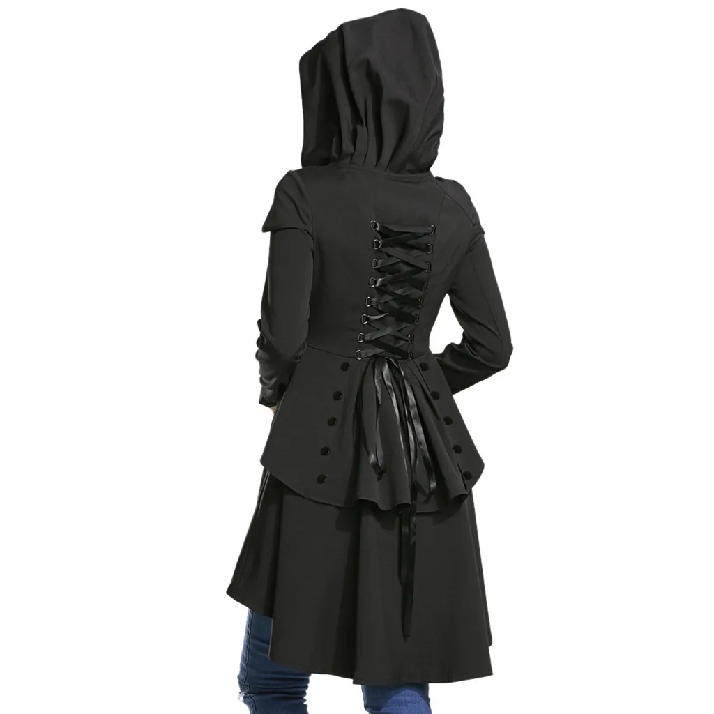 Осенне-зимние женские пальто винтажные с капюшоном с длинными рукавами на талии черные куртки с лентами негабаритных готических пальто куртка ropa mujer
