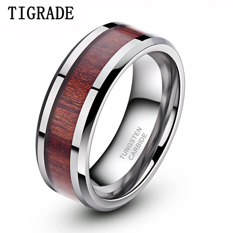

8mm Wood Inlay Tungsten Carbide Ring High Polished Edge Men's Rings Wedding Engagement Band anelli uomo anel masculino preto