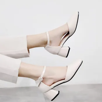 

fanyuan heels Women Pumps Square Middle Heel PU Leather Buckle Retro Square Toe Solid Anti-skid Shoes Spring/Autumn Size 34-43