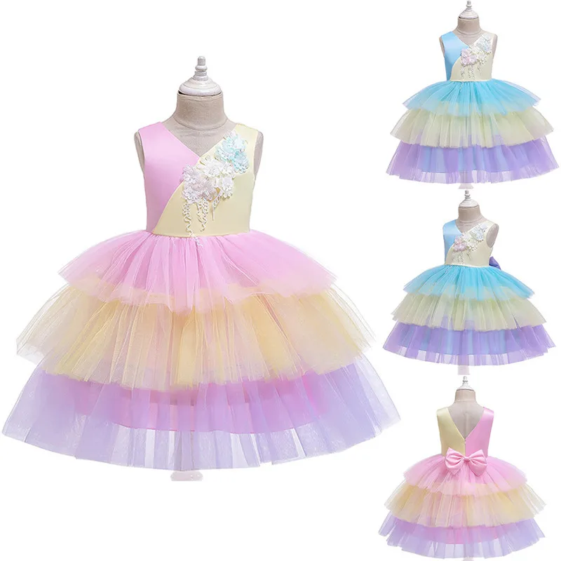 Детская одежда, платья для дня рождения, Vestidos Infantil, без рукавов, радужные праздничные Детские платья принцессы для девочек, милая одежда