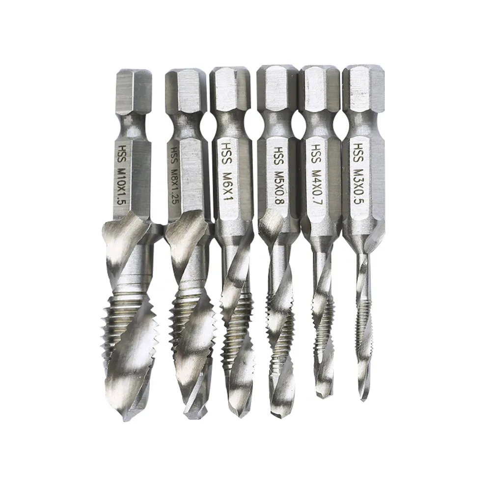 

6PCS M3-M10 Screw Tap Drill Bits Taps Countersink Deburr Set Metric Combination Bit 1/4 IN Quick Change Hex Hss High Speed Steel
