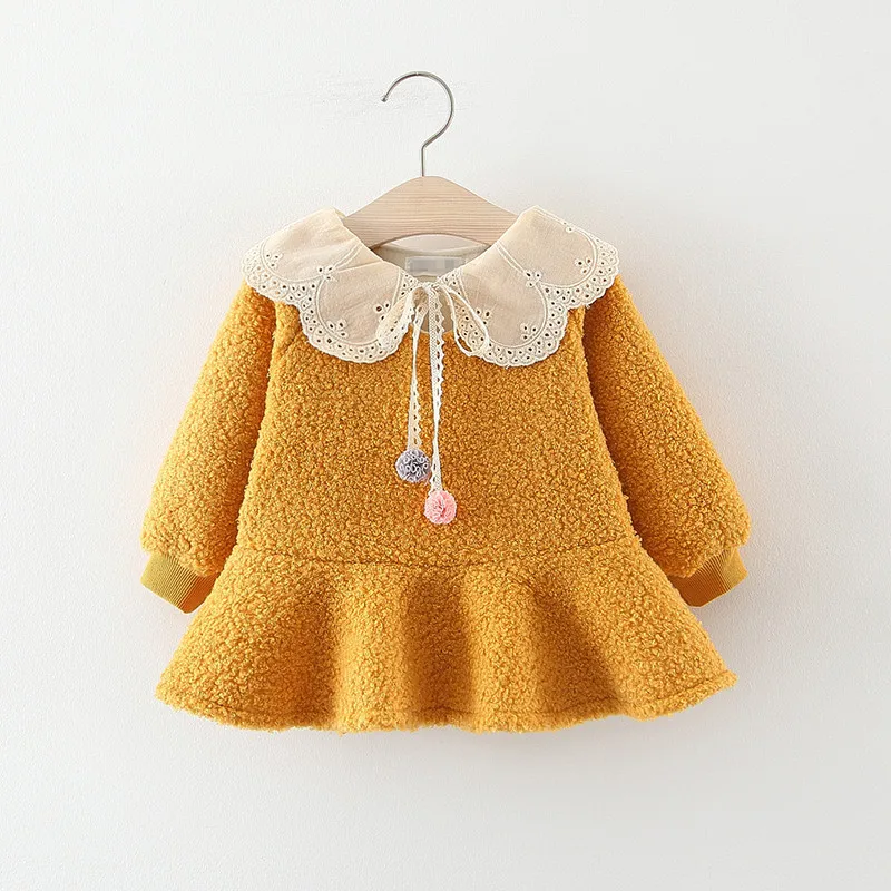 

2019 Winter Infant Girls Long Sleeve Lace Collar Ruffles Princess Party Kids Baby Pleated Thick Fleece Dress vestido infantil