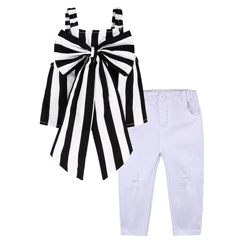 Baby Girls Fashion Set Stripe Camisole Bow Tops White Hole Denim Pants 2 Pieces Outfits