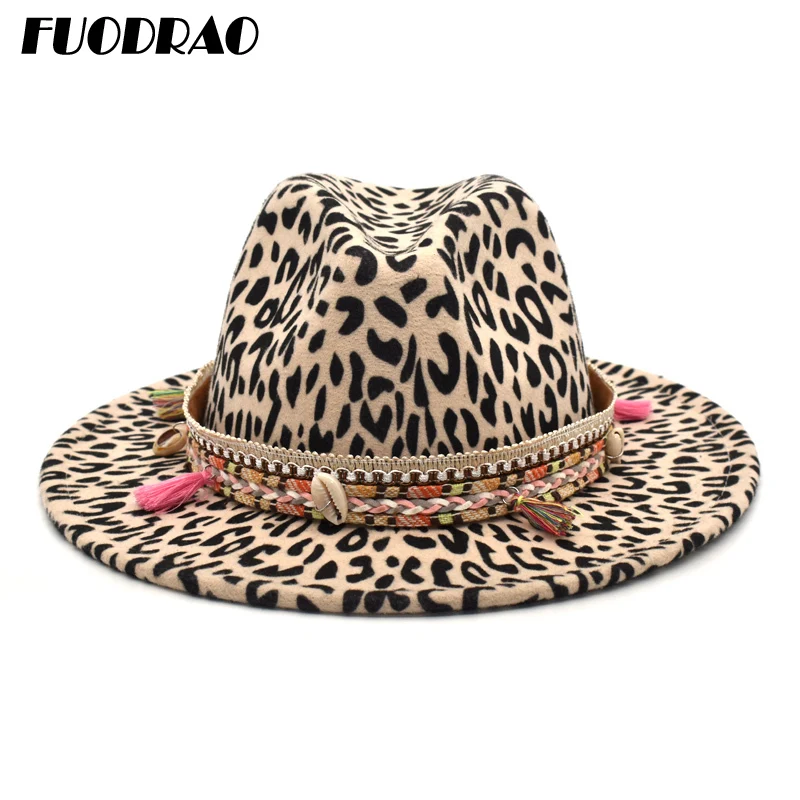 

FUODRAO New Fashion Women Fedoras Hat Leopard Print Wide Brim Jazz Hats Unisex Wool Vintage Gentleman Elegant Outdoor Travel F46