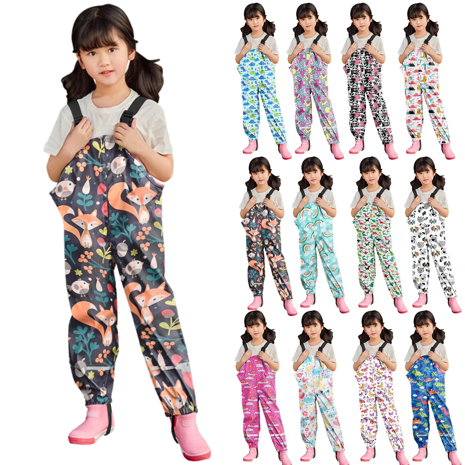 Kids Boys Girls Rain Dungarees Windproof Waterproof Mud Jumpsuit