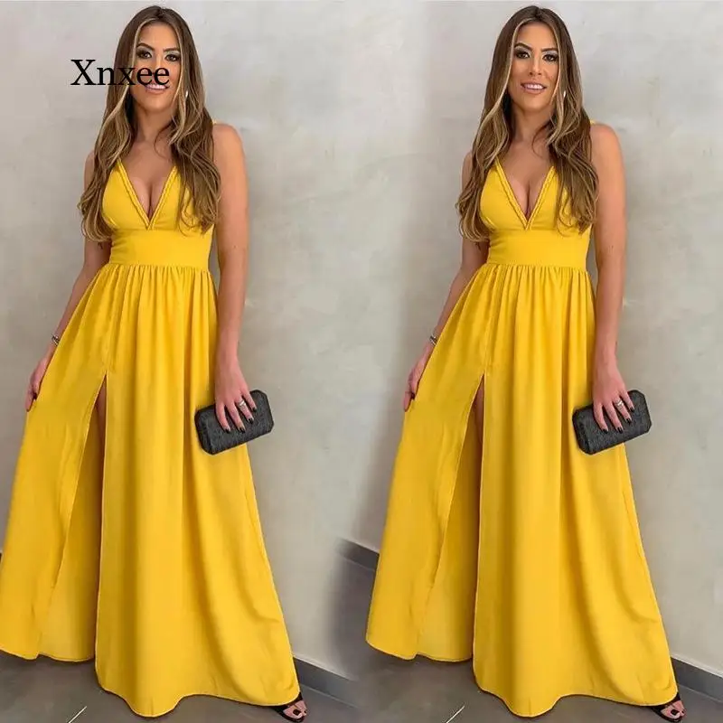 V Neck Yellow Beach Maxi Dress Women Fashion Sexy Split Hem Sleeveless Bodycon Slim Office Elegant Robe Summer Casual Dresses bathing suit wrap cover up