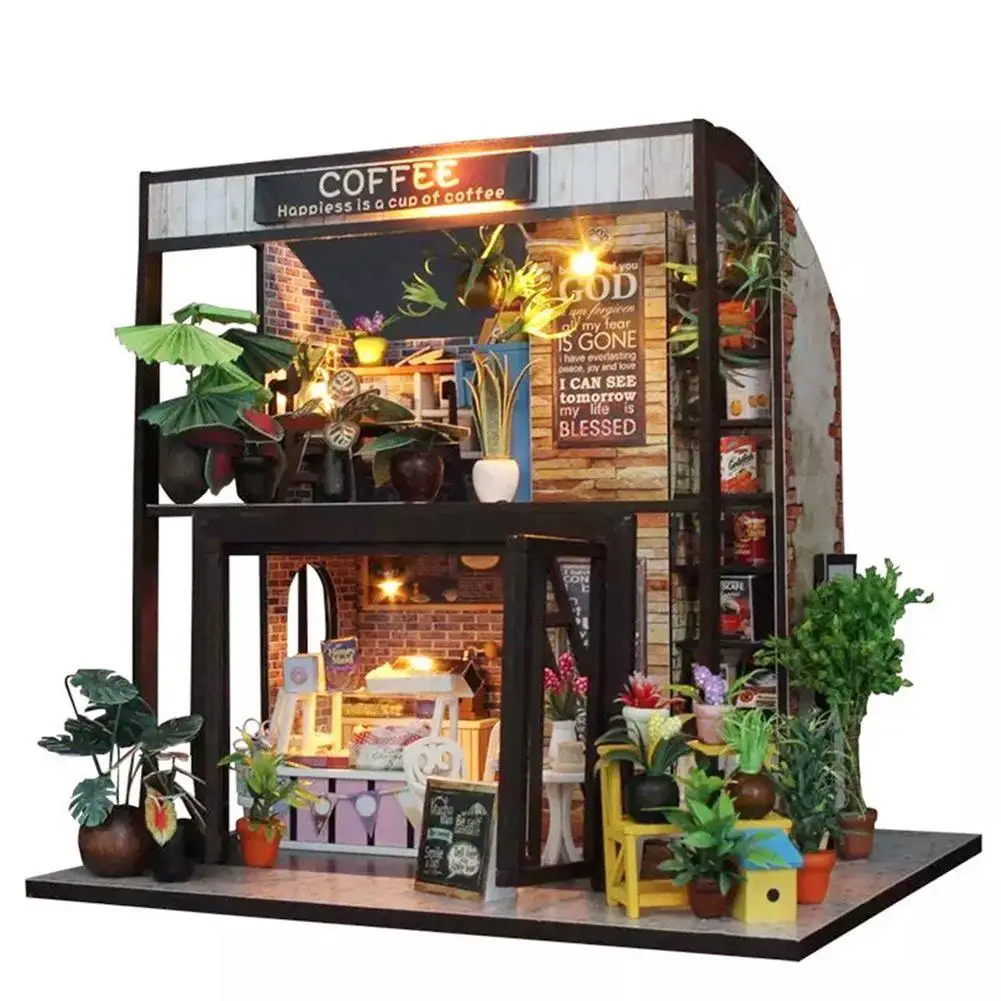 DIY Wooden Miniature Cafe House Dollhouse with Furniture LED Light Toy Gift|Doll  House Accessories| - AliExpress