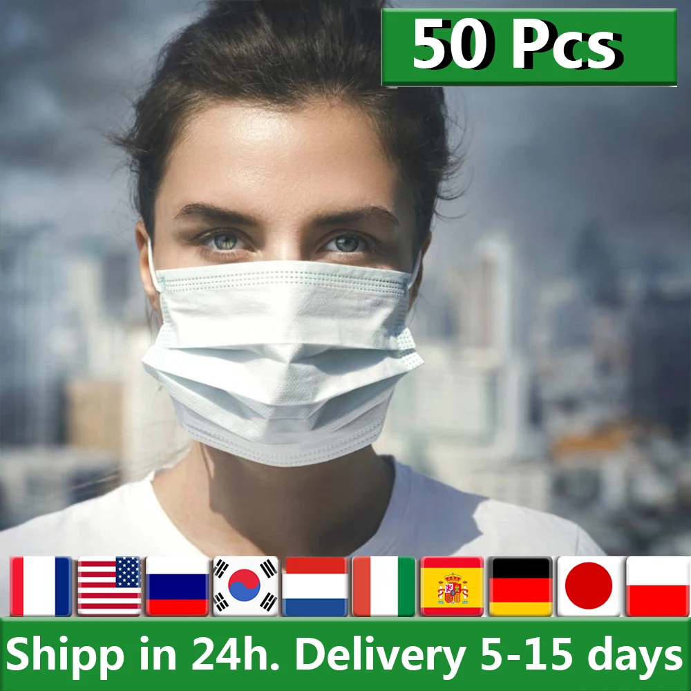 

50Pcs Disposable Mouth Face Masks Anti PM2.5 Pollution Mouth Face Mask Non Woven Protective 3ply Filter Earloops Masks Anti Dust