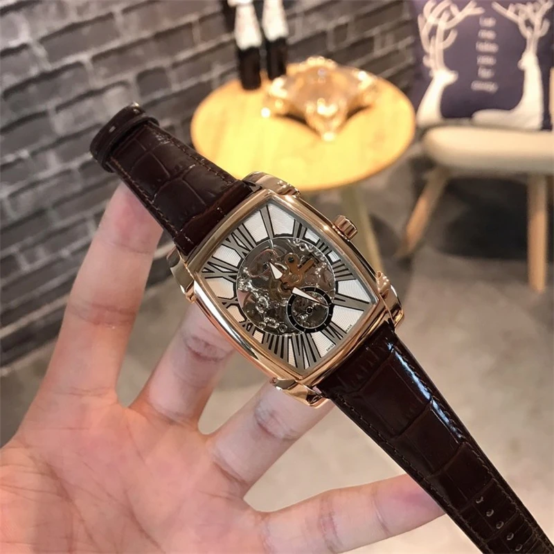 

brand P rectangle mechanical watch 316L stainless steel CNC fine grinding luminous genuine leather band hollow dial watch man