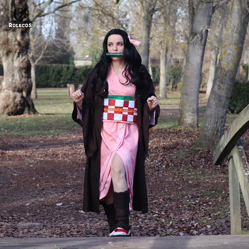 ROLECOS Аниме Костюм демон Slayer Косплей Nezuko кимоно Женский Kimetsu no Yaiba женское Розовое