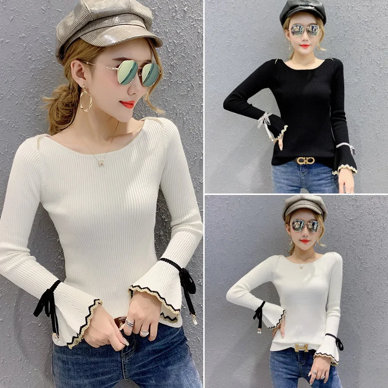 

Photo Shoot + Good Quality 2019 New Style Bell Sleeve College Style Autumn And Winter Sweater Slim Fit Sweet Tops Sweater Women'