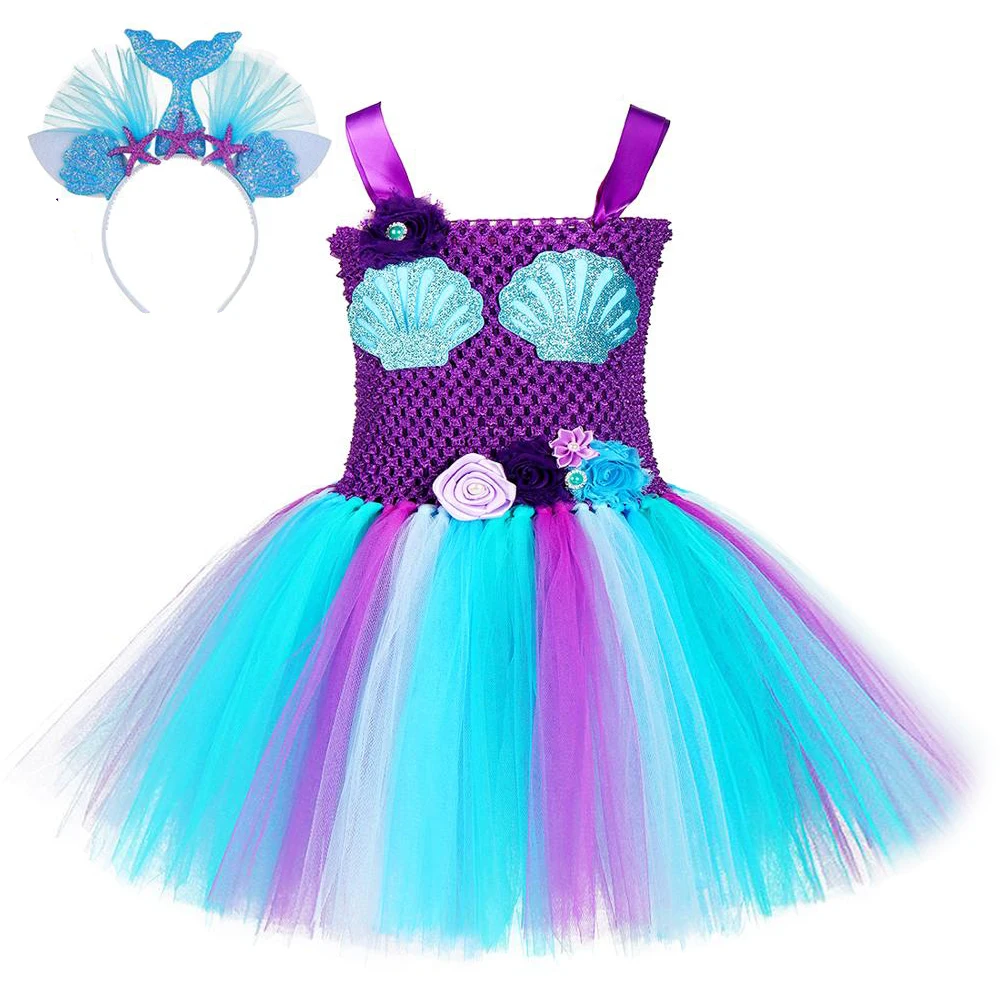 Little Mermaid Party Dress for Girls Kids New Year Costumes Princess Dresses with Headband Toddler Girl Clothes Outfit | Детская одежда