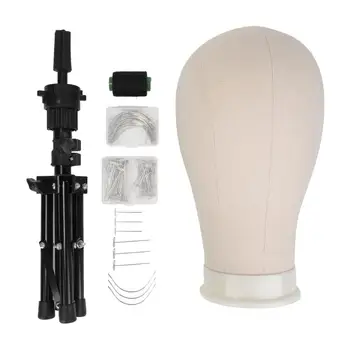 

22'' Training Mannequin Head Canvas Block Head For Wig Making Display Styling Head + Wig Stand With T Needle Set