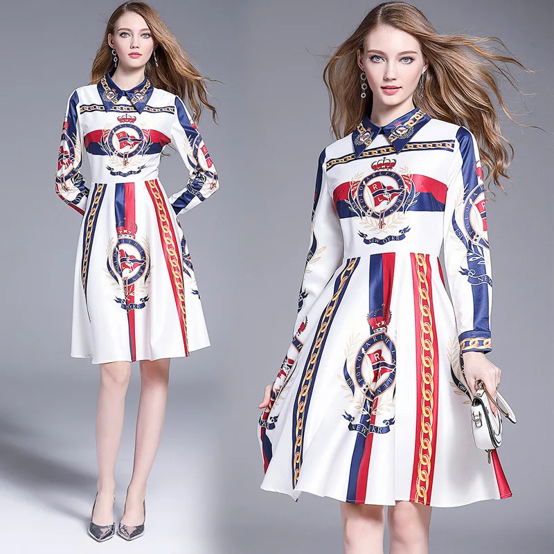 

2019 New Style Casual Skirt A- line Skirt WOMEN'S Dress Mid-length Printed Western Style Dress Slimming Elegant Skirt