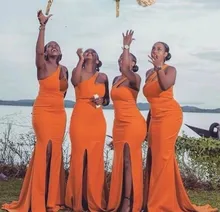 Plus Size Orange Long Bridesmaid Dresses Mermaid 2022 One Shoulder With Split African Women Wedding Party Gown Vestidos