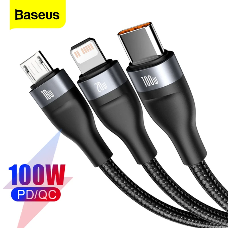 Baseus USB Cable For iPhone PD 100W USB Type C Data Cable For Xiaomi Samsung 5A Fast Charging 3 in 1 USB-C Micro USB Wire Cord